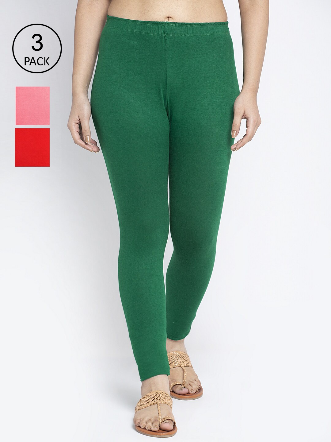 

GRACIT Women Pack Of 3 Solid Red Green and Peach Ankle-Length Leggings
