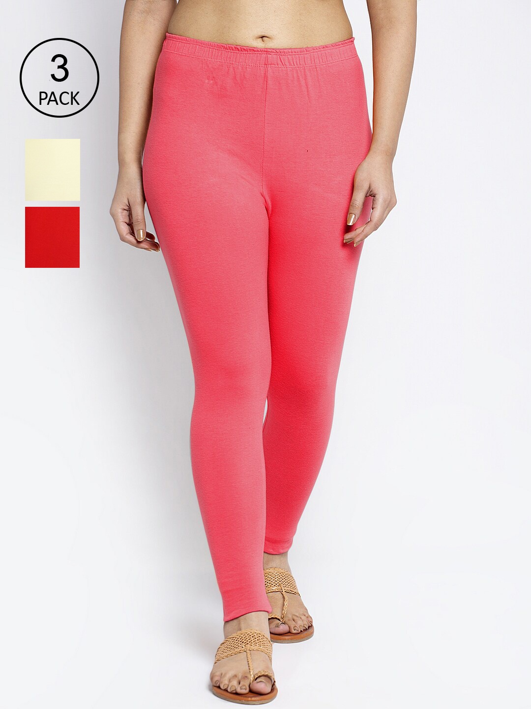 

GRACIT Women Pack Of 3 Solid Ankle-Length Leggings, Red