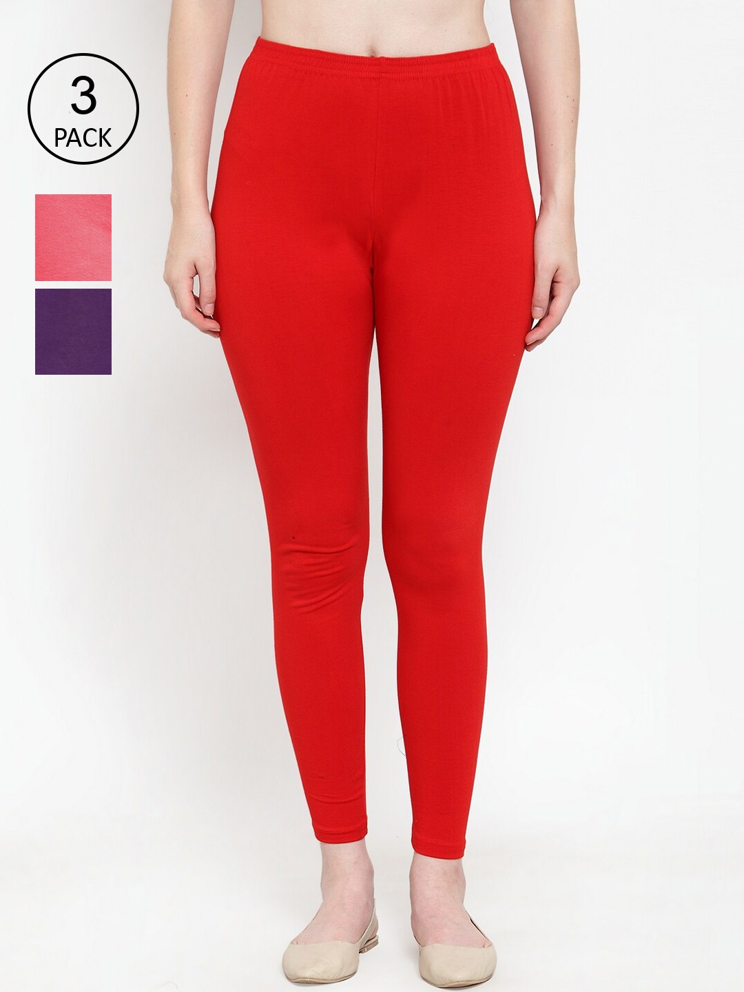 

GRACIT Women Pack of 3 Solid Ankle Length Cotton Leggings, Red