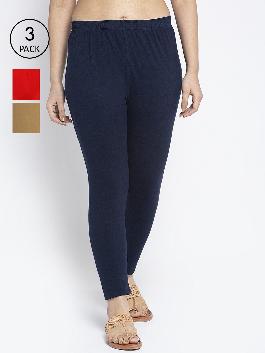 

GRACIT Women Navy Blue & Red Pack Of 3 Solid Ankle Length Leggings