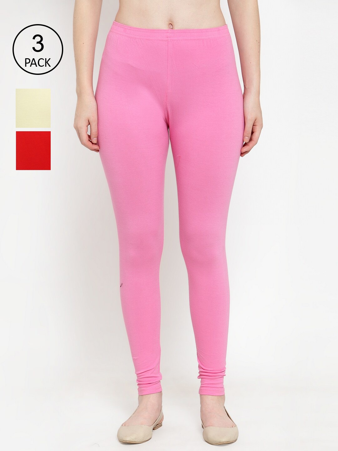 

GRACIT Women Pack Of 3 Pink Red & Cream-Coloured Solid Ankle-Length Leggings