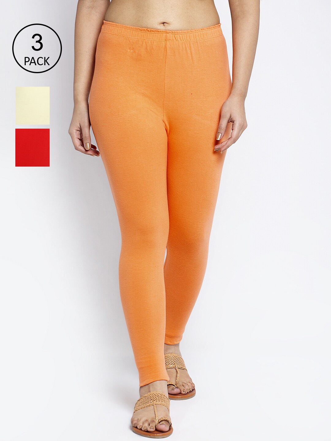 

GRACIT Women Pack Of 3 Red & Cream Solid Cotton Lycra Ankle-Length Leggings