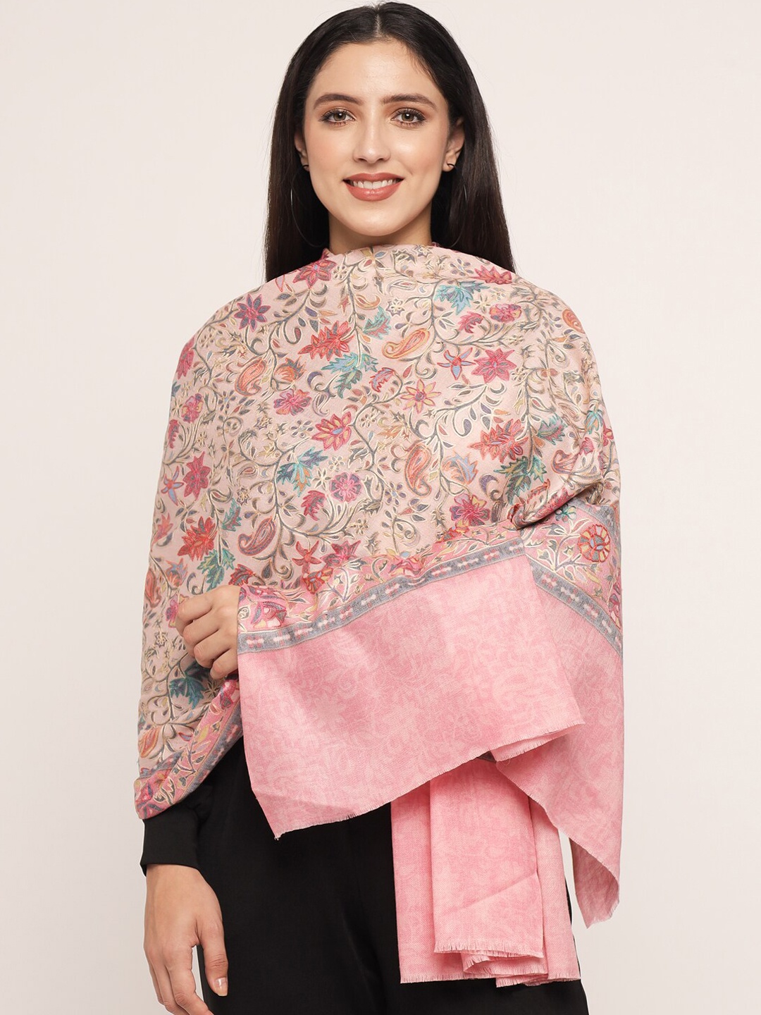 

Pashtush Women Pink Embroidered Pure Woolen Shawl