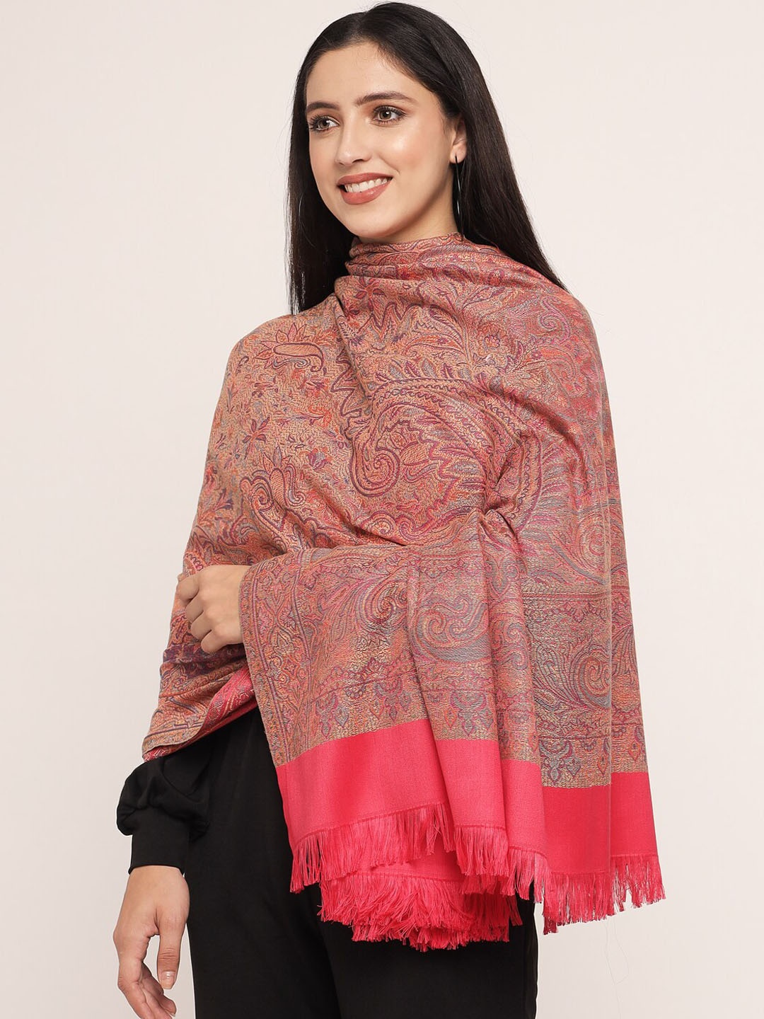 

Pashtush Women Pink Paisley Woven Design Woolen Shawl