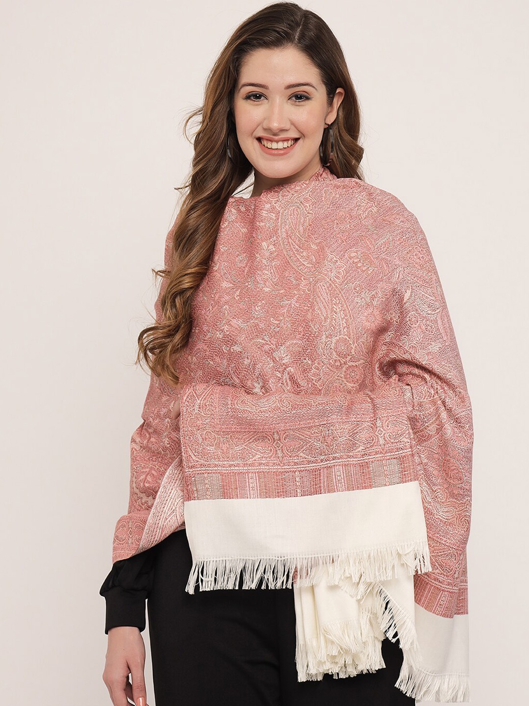 

Pashtush Women Rose Woven Design Woolen Shawl