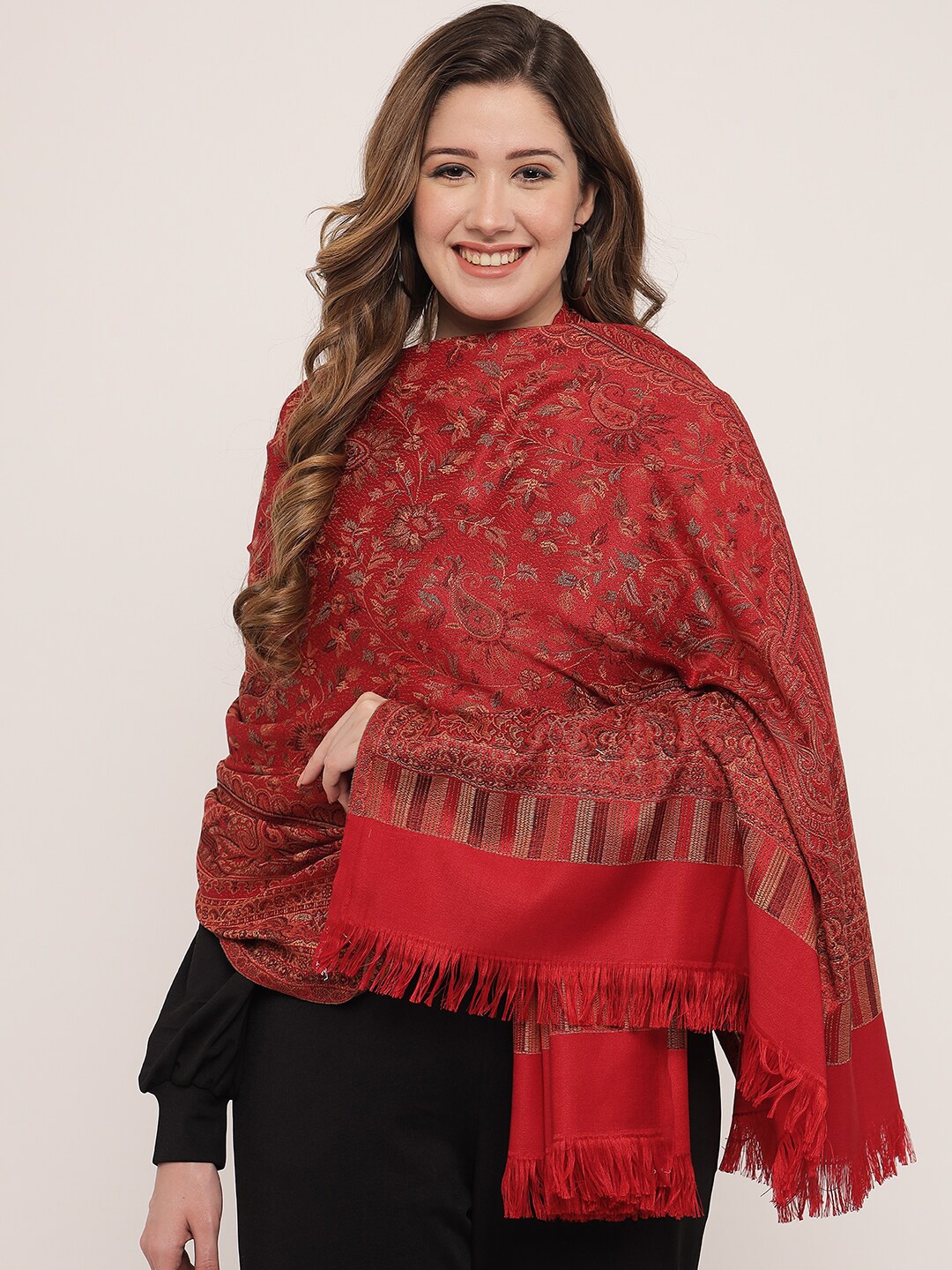 

Pashtush Women Maroon Woven Design Woolen Shawl