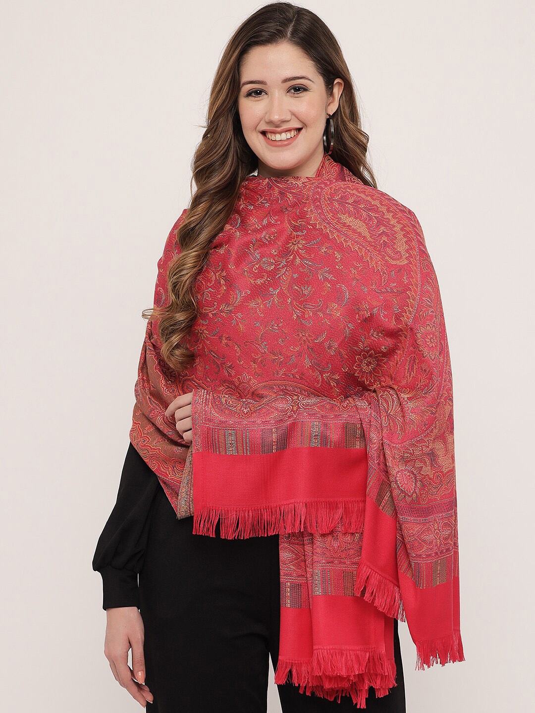 

Pashtush Women Maroon Woven Design Woolen Shawl