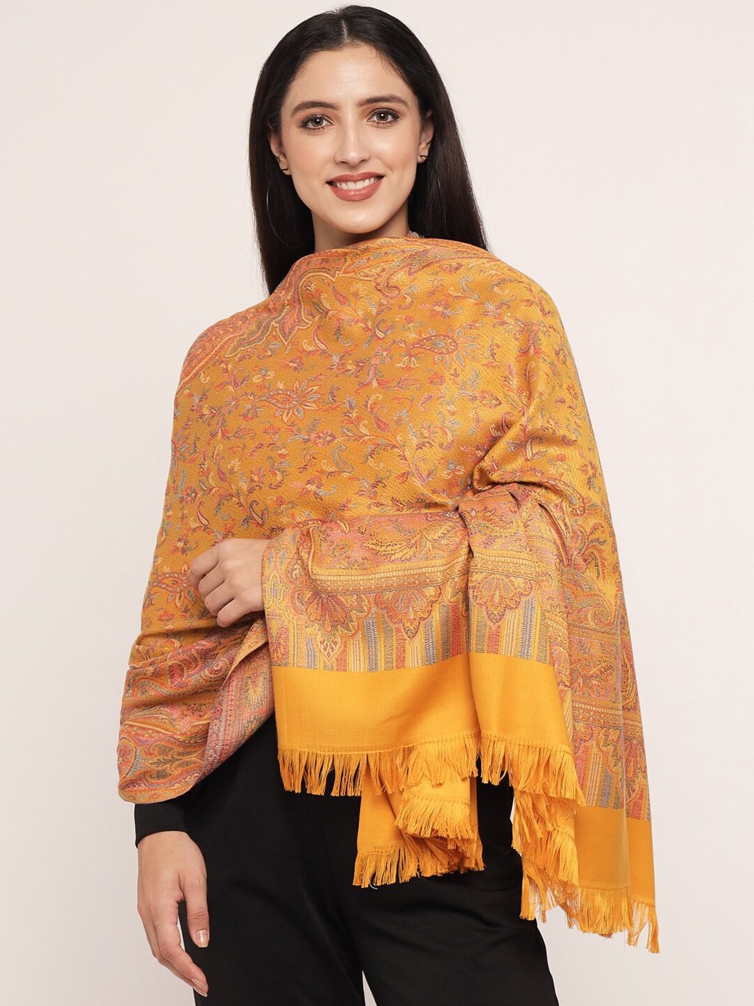 

Pashtush Women Mustard Yellow Ethnic Motif Woven Design Shawl