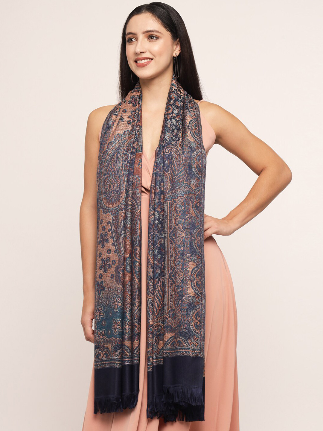 

Pashtush Women Navy Blue Ethnic Motif Woven Design Shawl