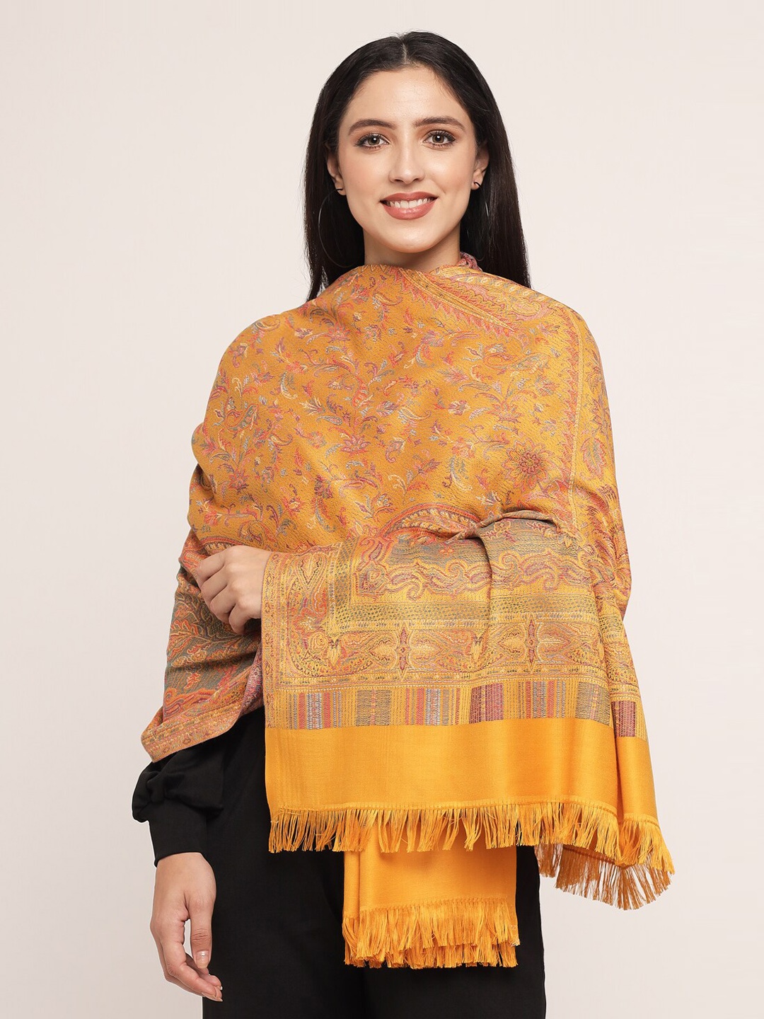 

Pashtush Women Mustard-Yellow Ethnic Motif Woven Design Wool Shawl