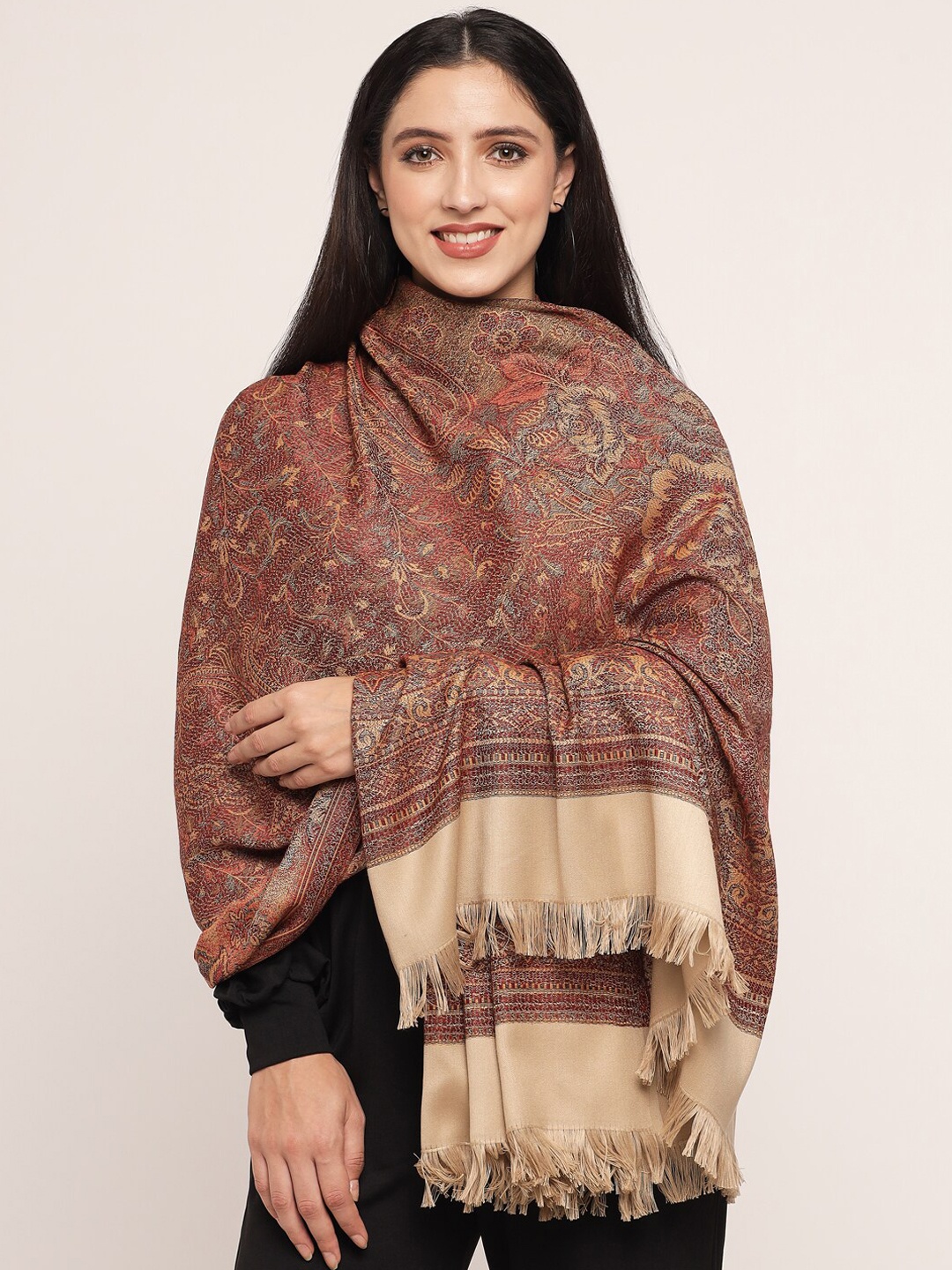 

Pashtush Women Beige Colored Ethnic Motif Woven Design Shawl