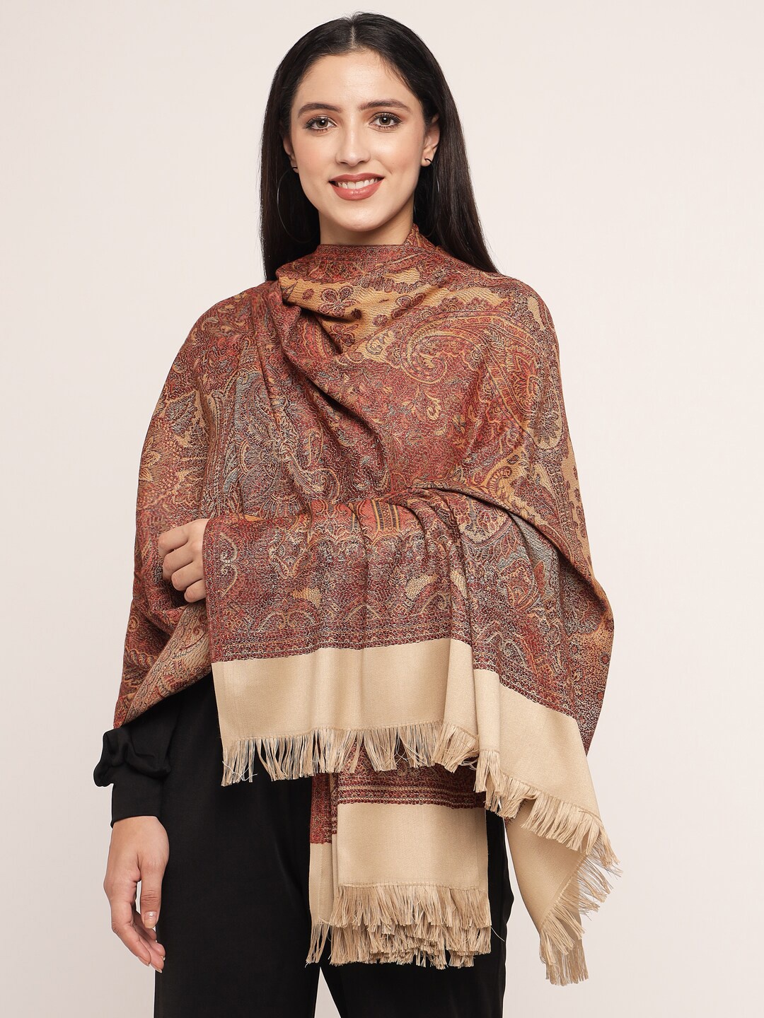 

Pashtush Women Brown Woven Design Woolen Shawl