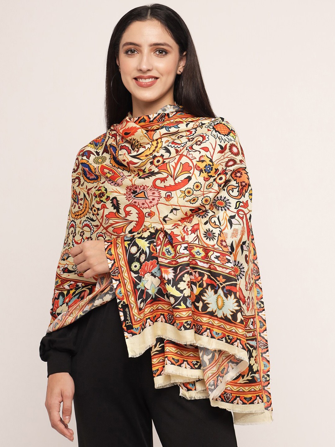 

Pashtush Women Cream & Red Printed Woolen Shawl