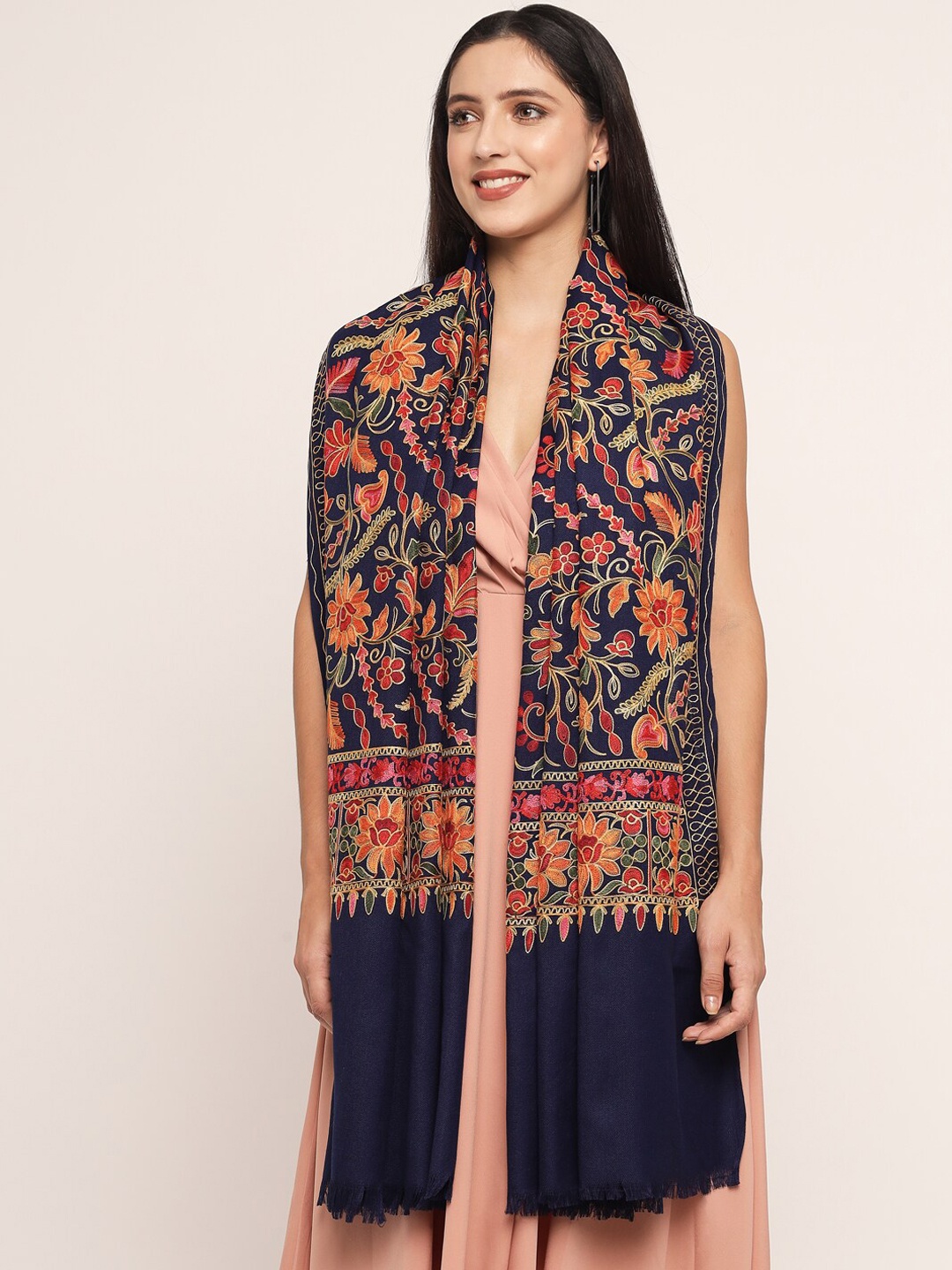 

Pashtush Women Blue Ethnic Motif Printed Embroidered Wool Shawl
