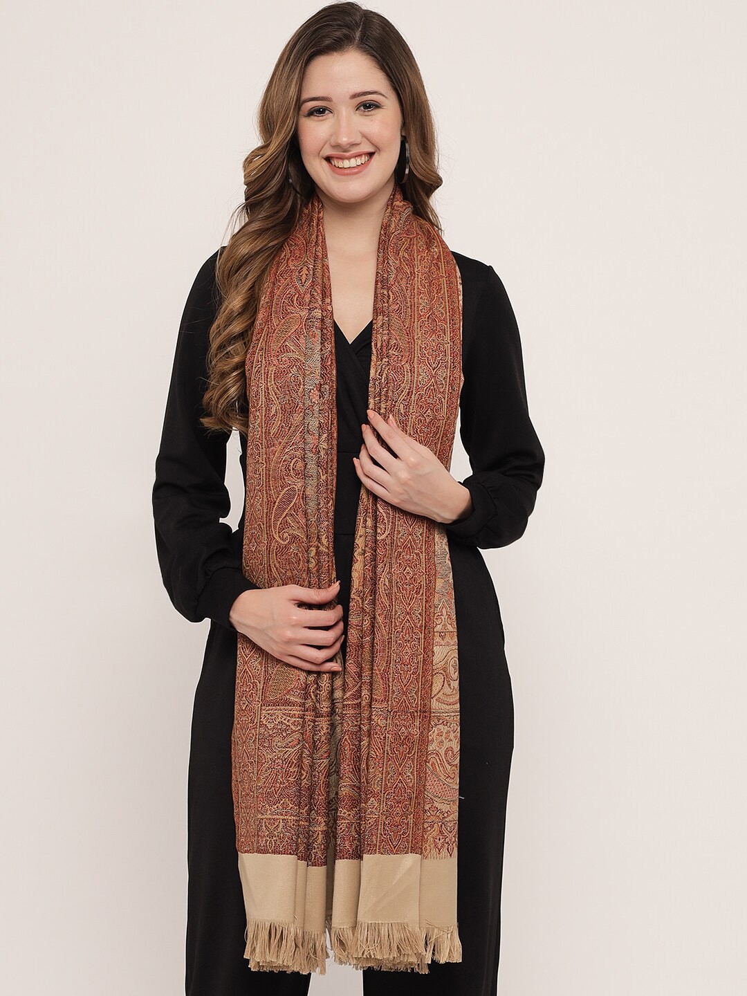 

Pashtush Women Beige Ethnic Motif Printed Woven Design Woolen Shawl
