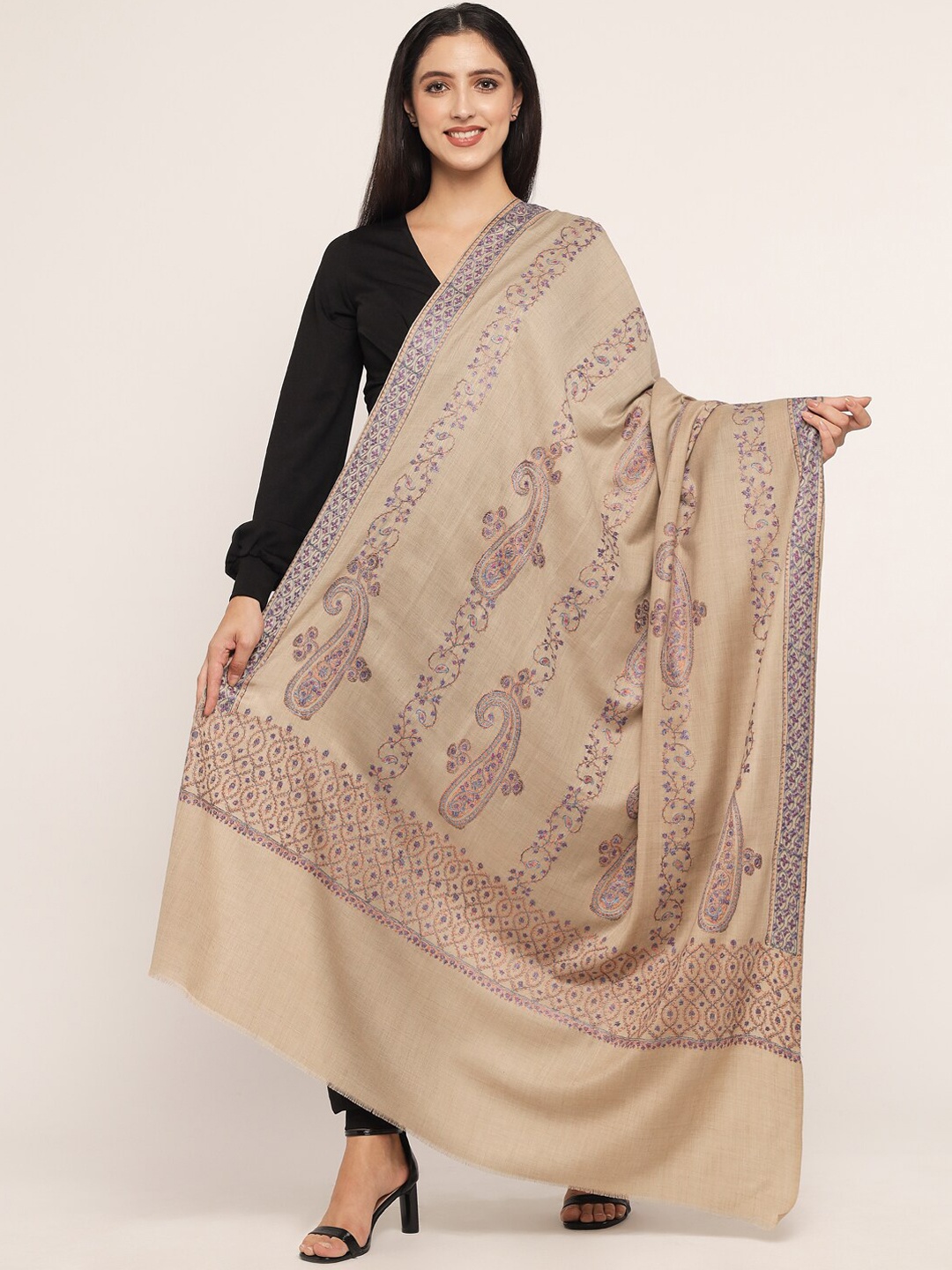 

Pashtush Women Beige Embroidered Shawl