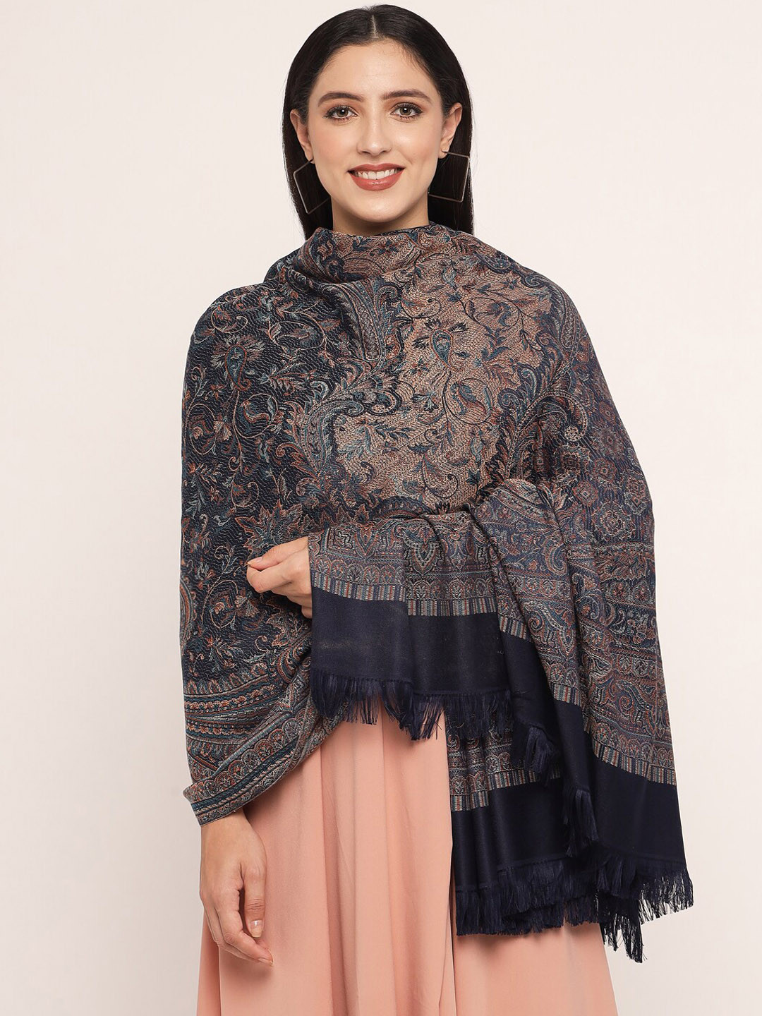 

Pashtush Women Navy Blue Ethnic Motif Woven Design Shawl