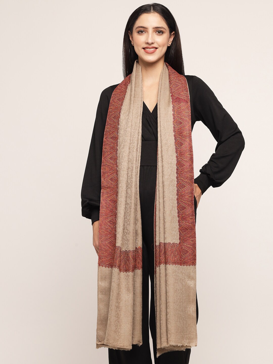 

Pashtush Women Taupe Ethnic Motif Printed Embroidered Woolen Shawl