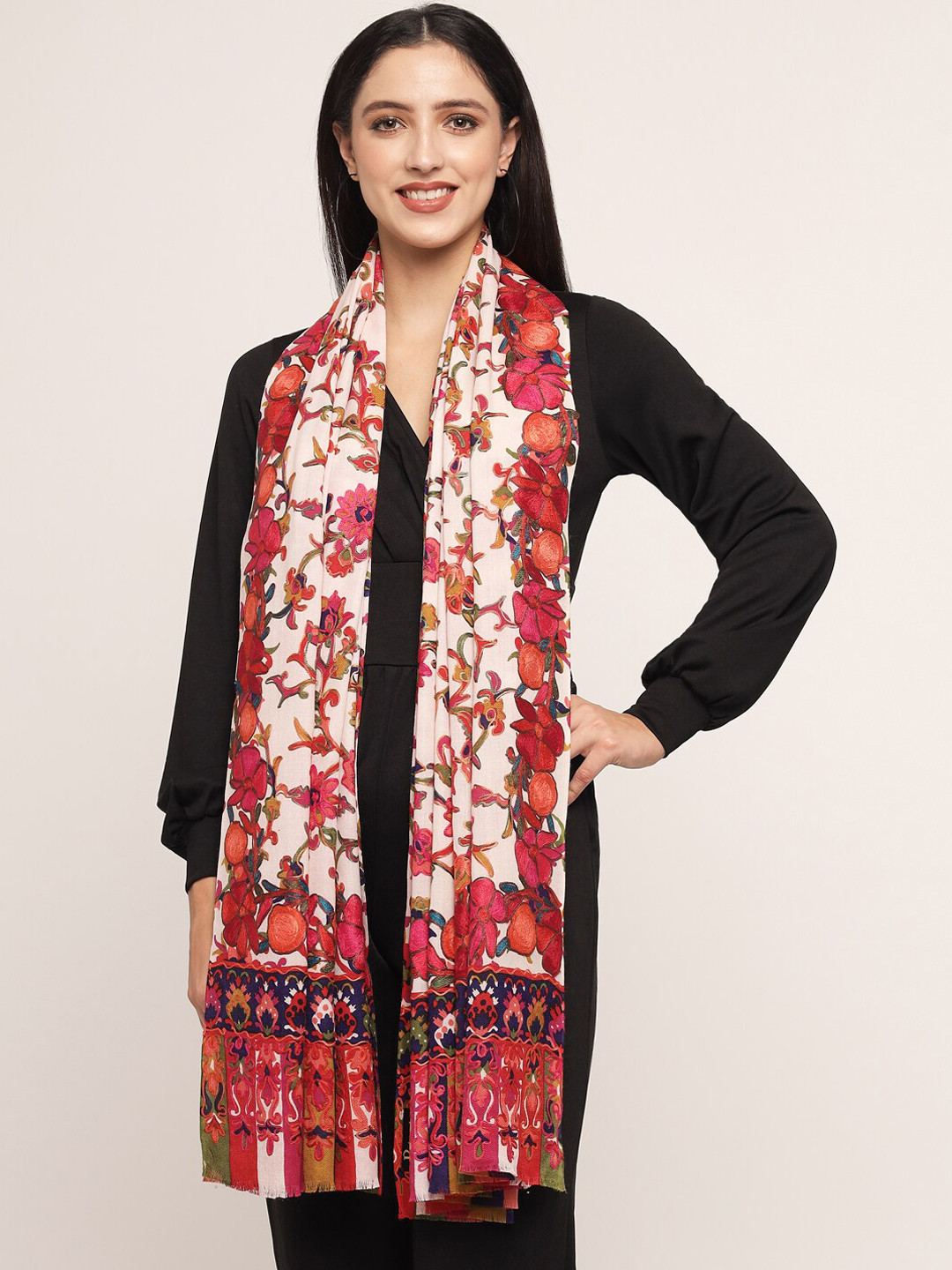 

Pashtush Women Pink Ethnic Motif Embroidered Shawl, Red