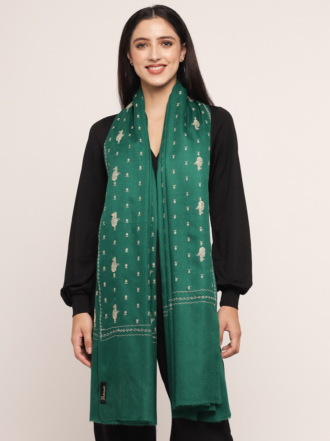 

Pashtush Women Green Ethnic Motif Printed Embroidered Woolen Shawl