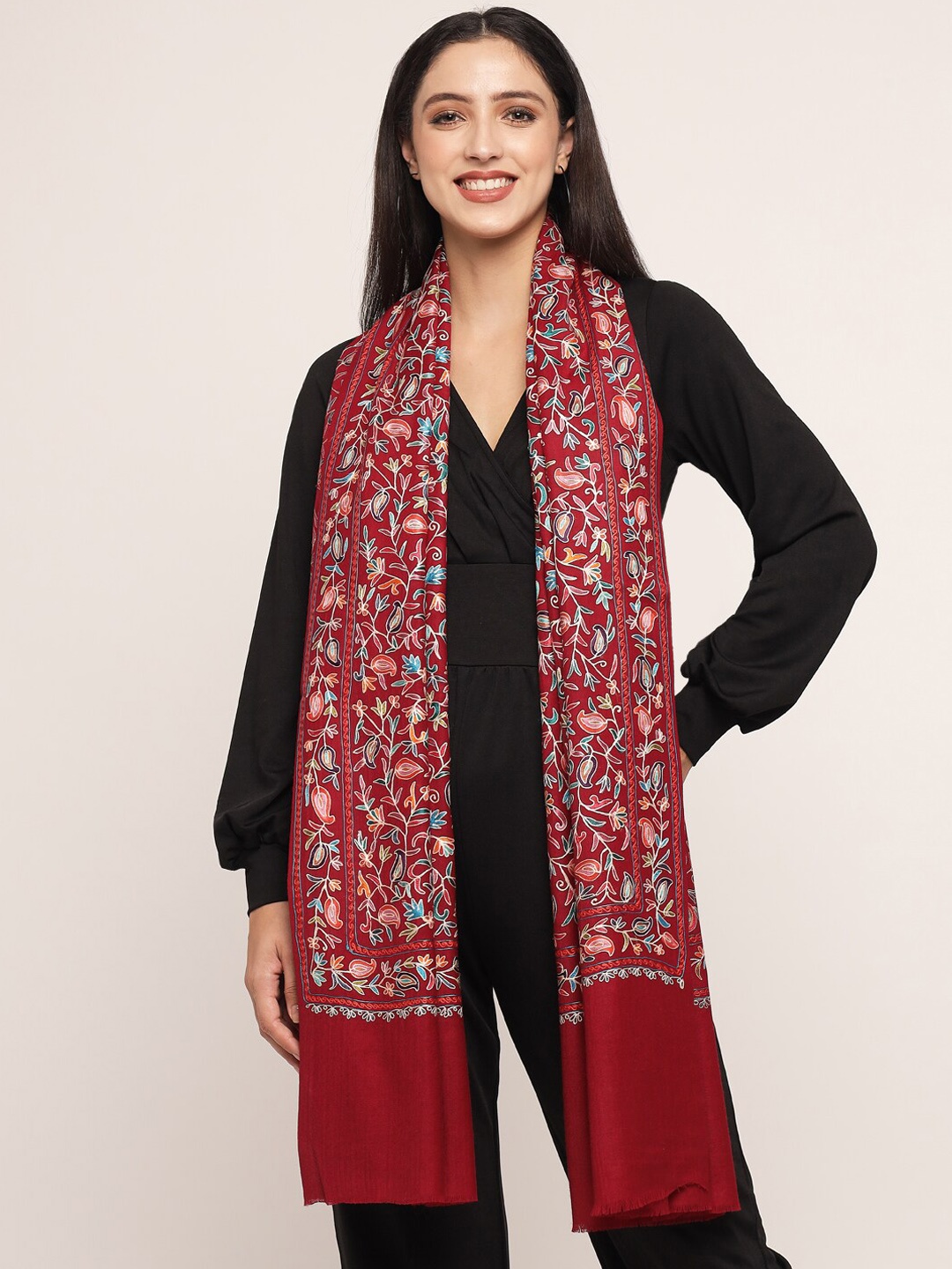 

Pashtush Women Multi-Coloured Embroidered Shawl, Red