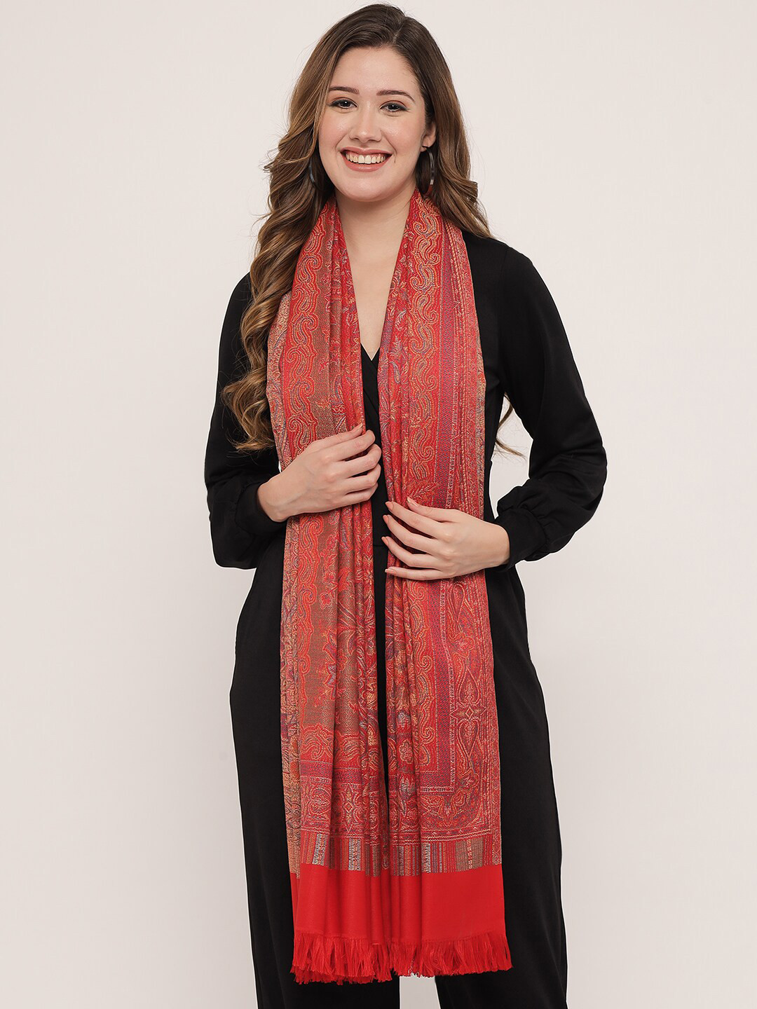 

Pashtush Women Red Ethnic Motif Woven Design Wool Shawl