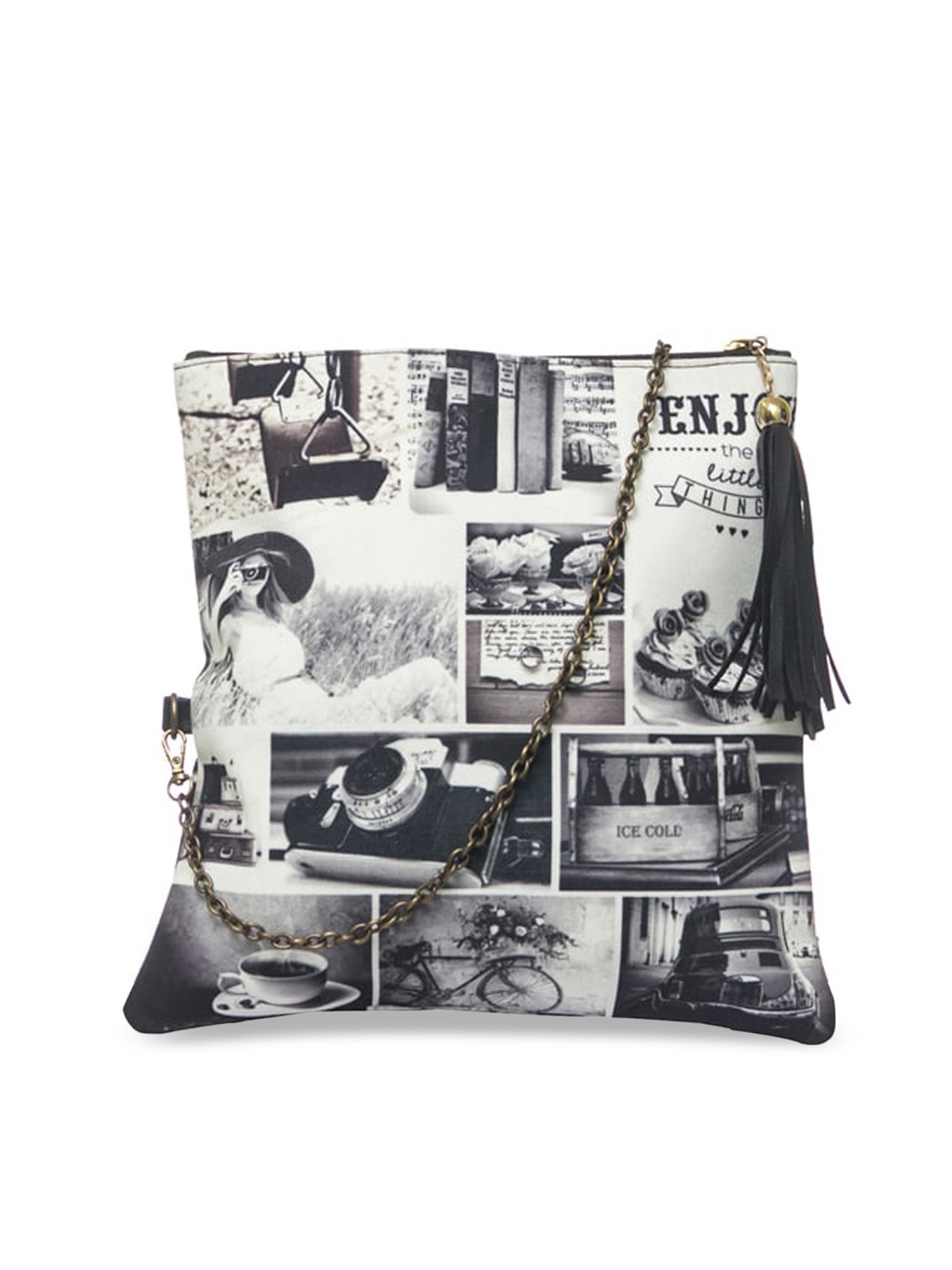 

BandBox Women Black Printed Sling Bag with Tasselled