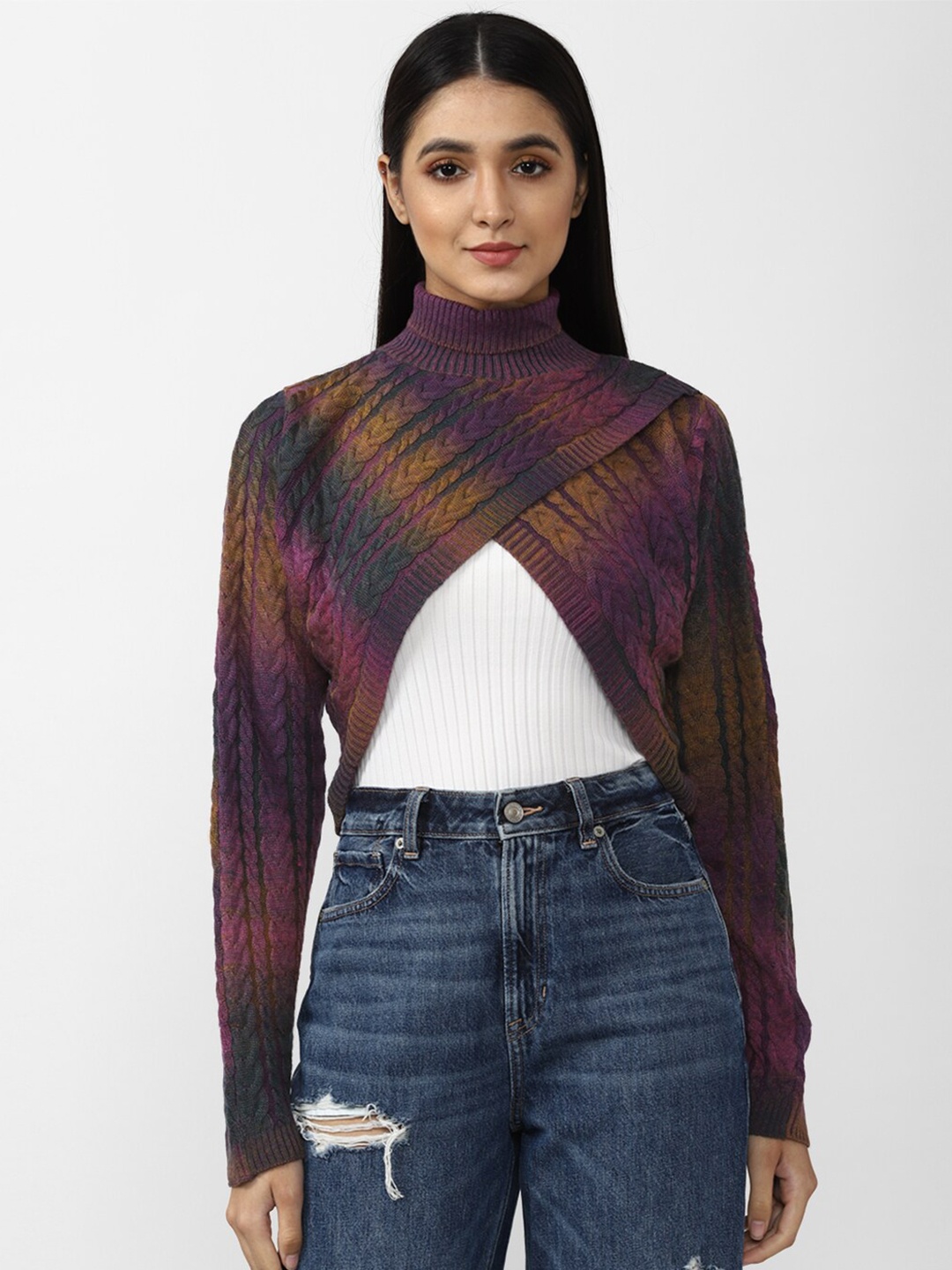 

FOREVER 21 Women Purple Solid Knitted Cropped Sweater Top