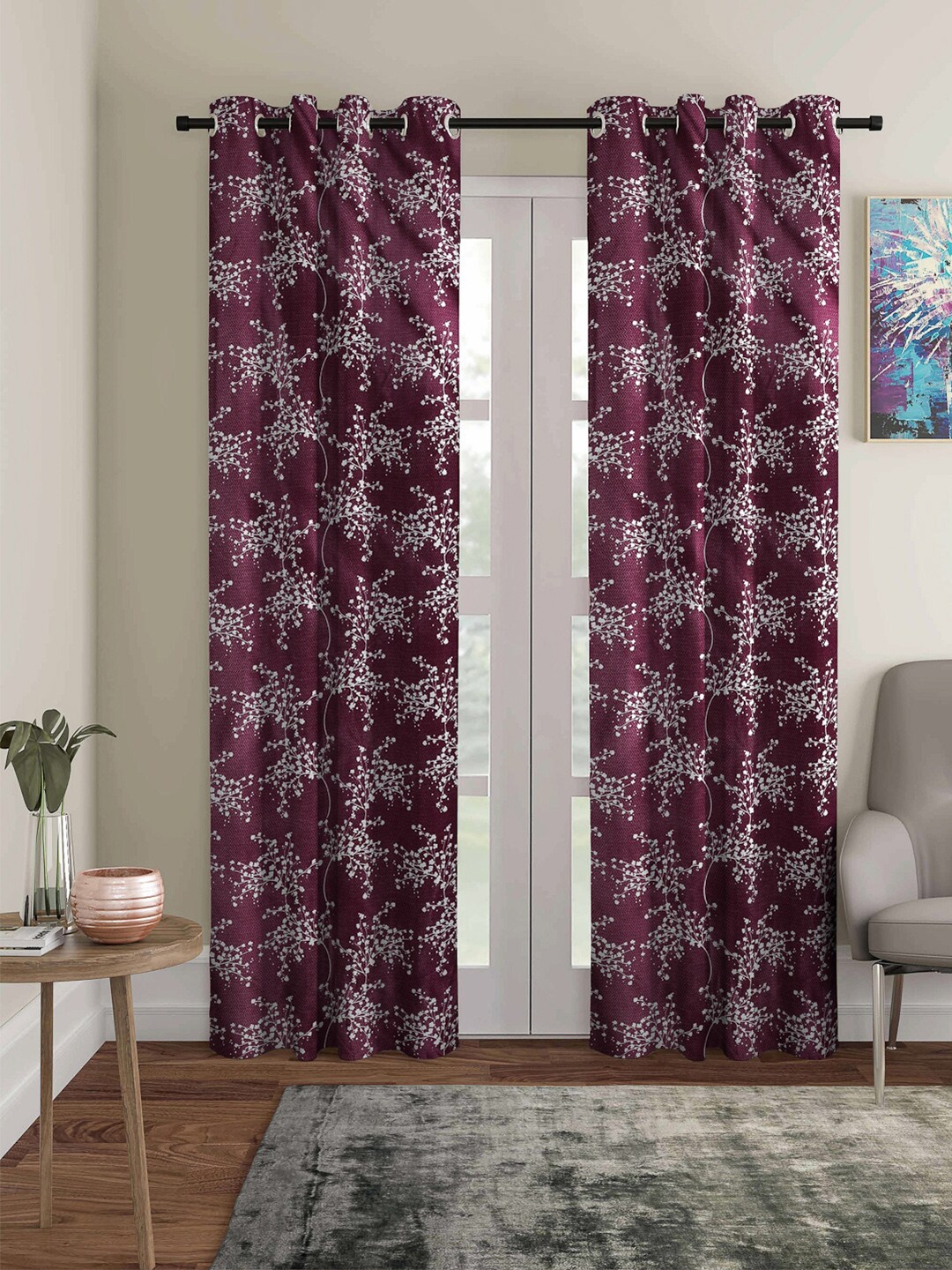 

ROMEE Purple & White Set of 2 Floral Room Darkening 9 Feet Long Door Curtain