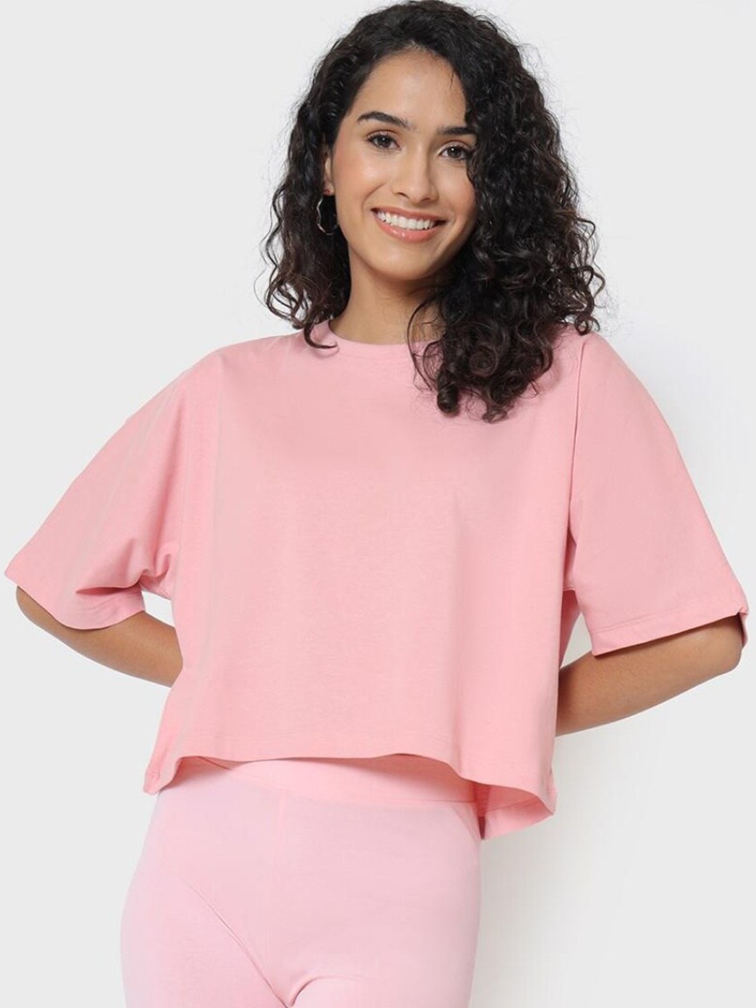 

Bewakoof Women Pink Drop-Shoulder Sleeves Pure Cotton T-shirt