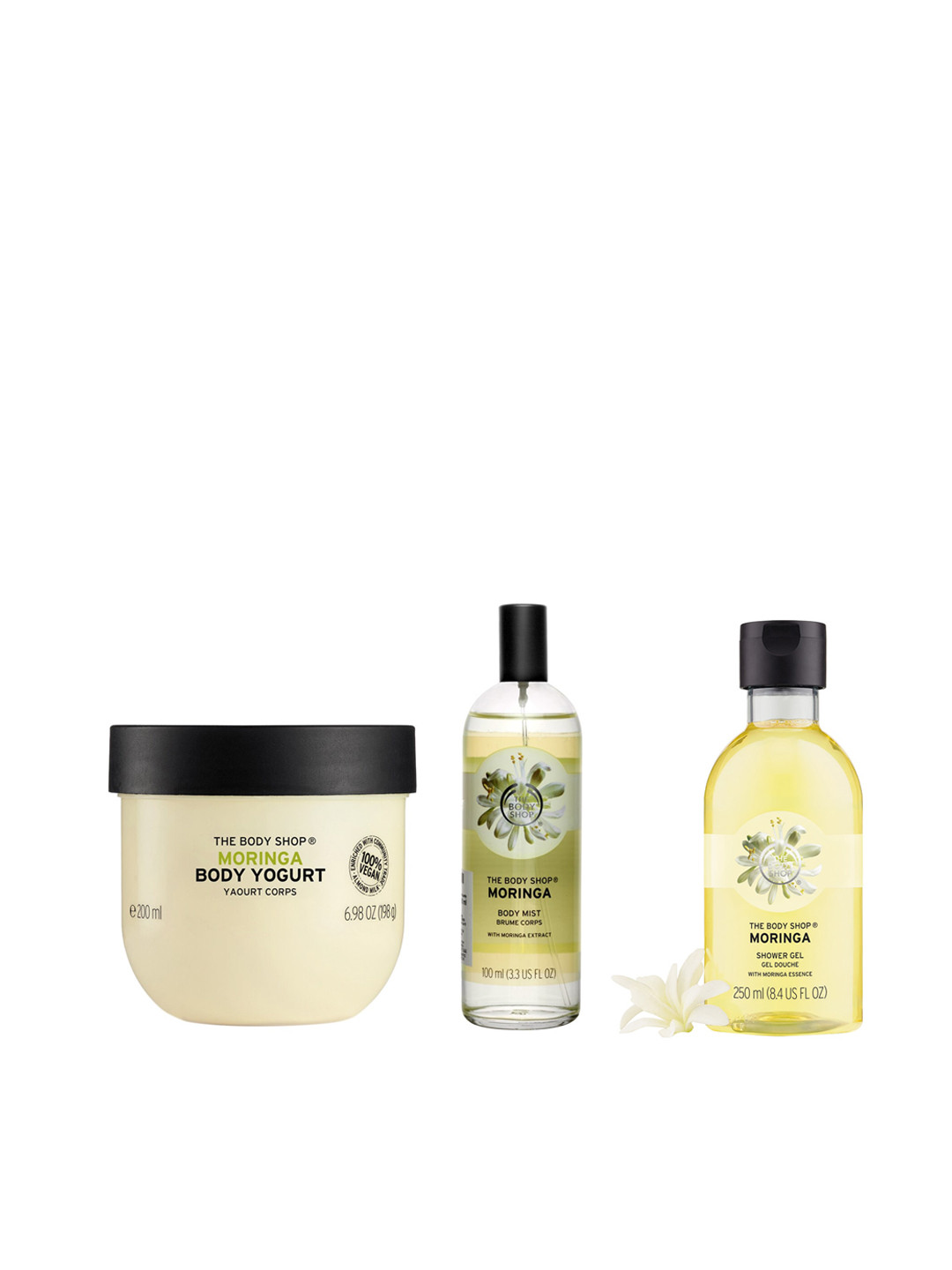 

THE BODY SHOP Moringa Shower Gel- 250ml, Body Mist -100ml & Body Yogurt With Shea - 200ml, White
