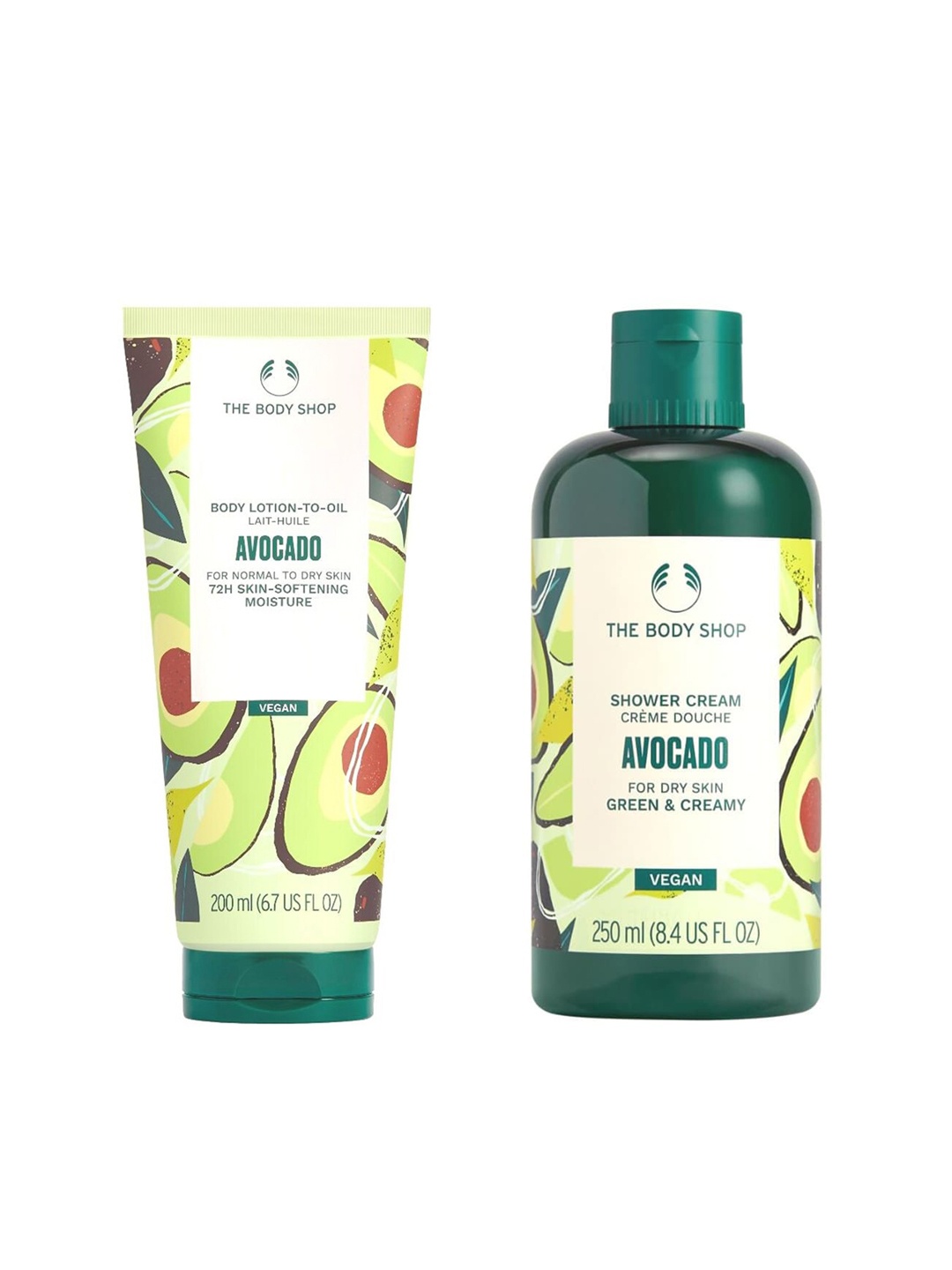 

THE BODY SHOP Avocado 72H Moisture Lotion-to-Oil with Shea -200 ml & Shower Cream - 250 ml, Green