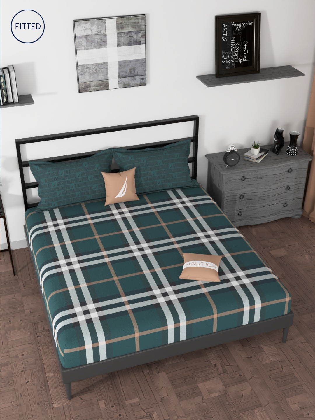 

Nautica Green & White Geometric 160 TC King Bedsheet with 2 Pillow Covers