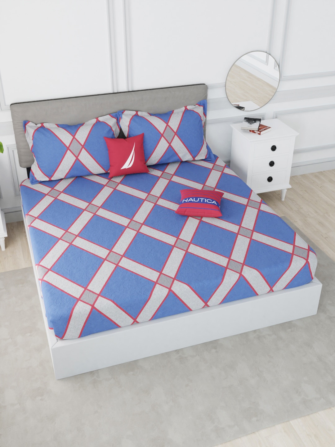 

Nautica Blue & Red Geometric 210 TC King Bedsheet with 2 Pillow Covers