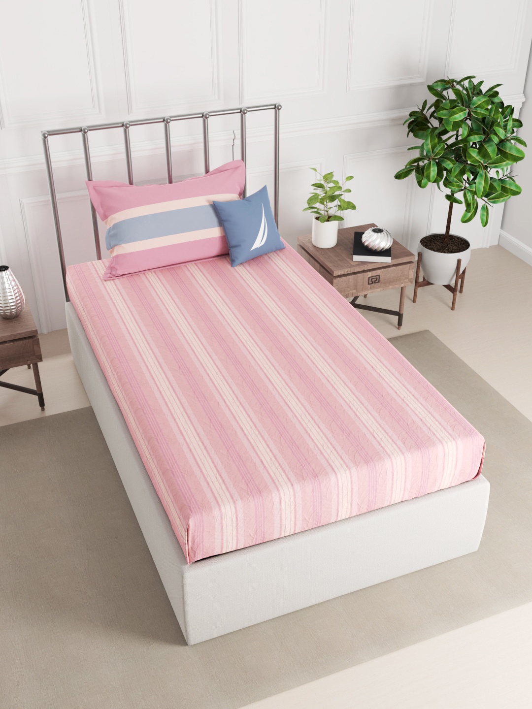 

Nautica Peach & Blue Striped 210 TC Single Bedsheet with 2 Pillow Covers
