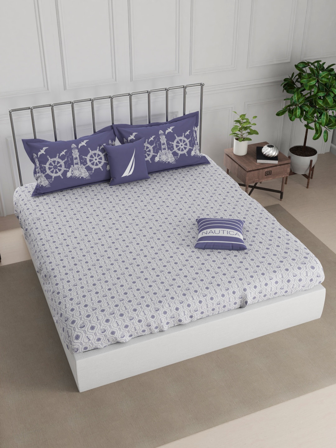 

Nautica Purple & White Geometric 210 TC King Bedsheet with 2 Pillow Covers