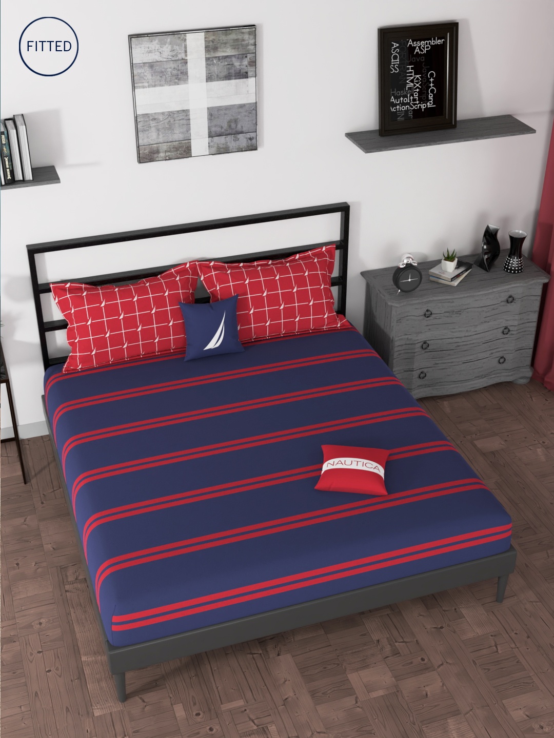 

Nautica Blue & Red Striped 160 TC King Bedsheet with 2 Pillow Covers