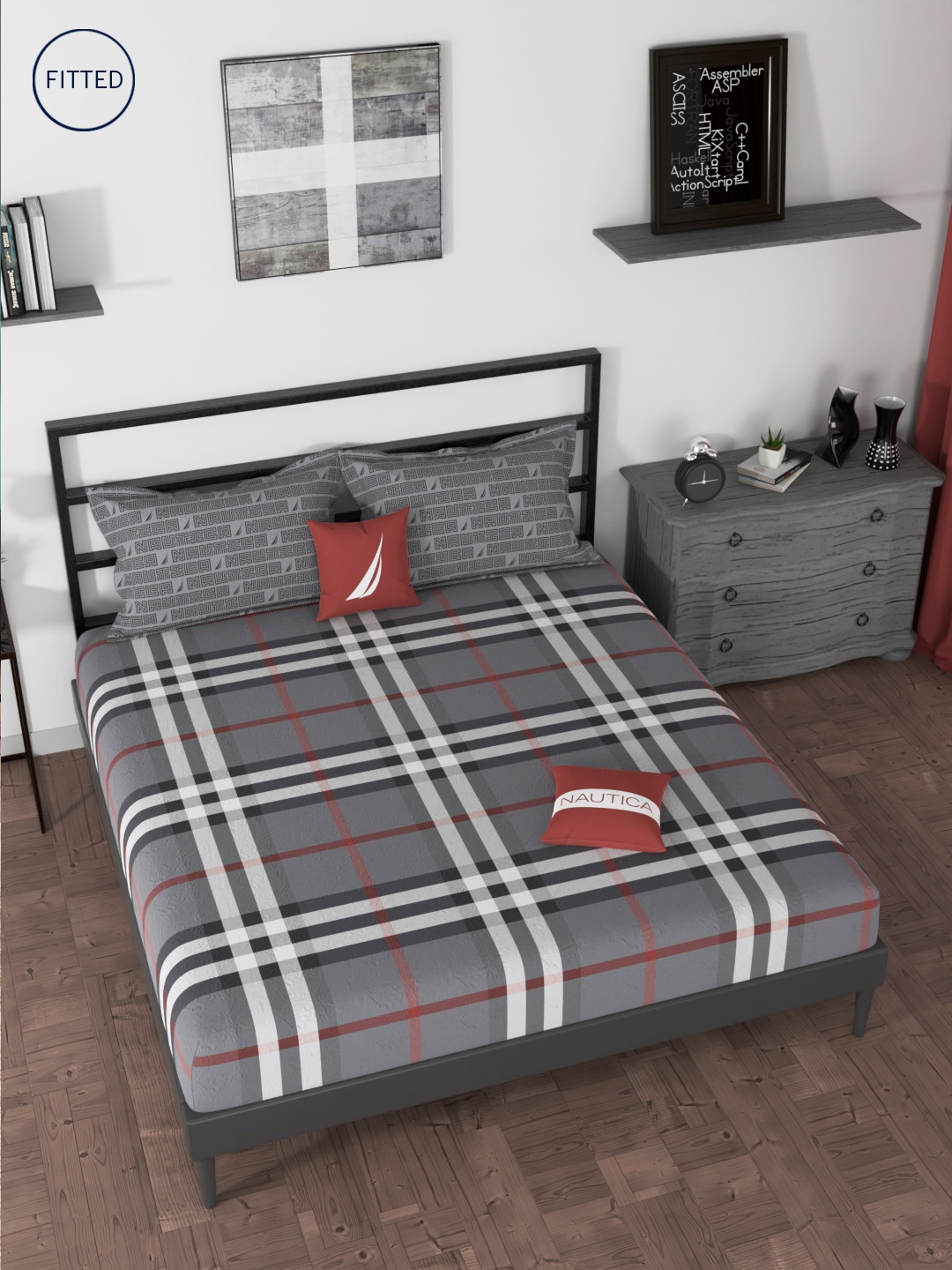 

Nautica Grey & Red Geometric 160 TC King Bedsheet with 2 Pillow Covers