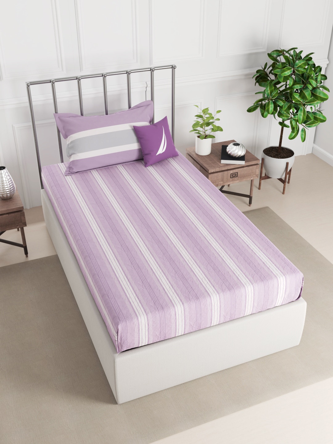 

Nautica Purple & White Striped 210 TC Single Bedsheet with 2 Pillow Covers