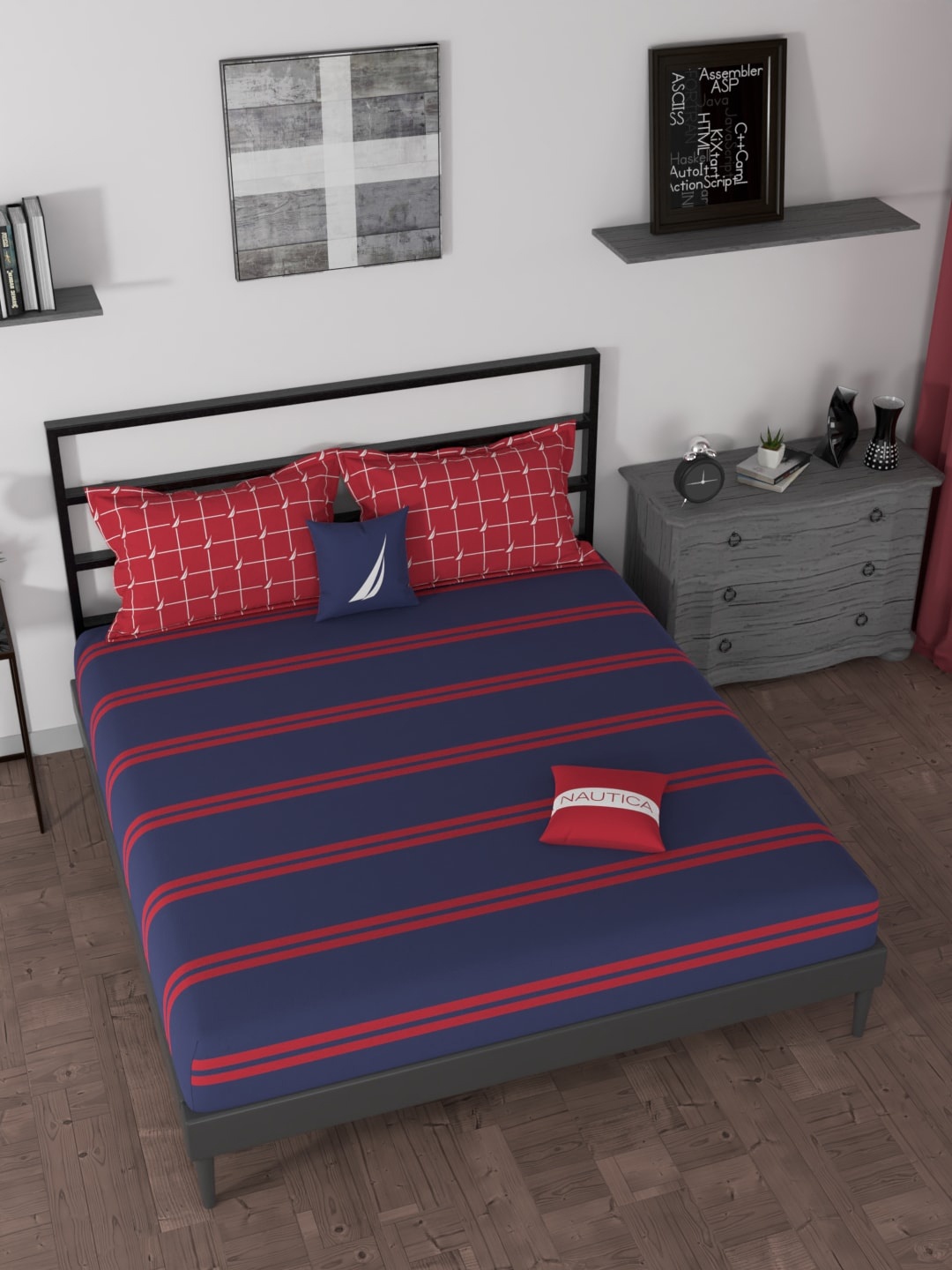 

Nautica Blue & Red Striped 160 TC King Bedsheet with 2 Pillow Covers