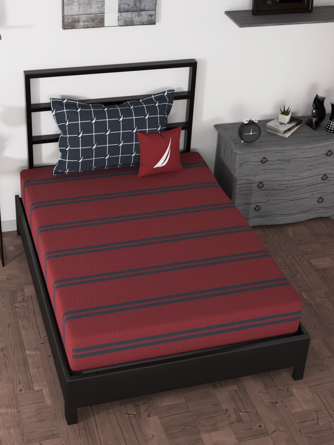 

Nautica Red & Blue Striped 160 TC Single Bedsheet with 1 Pillow Covers