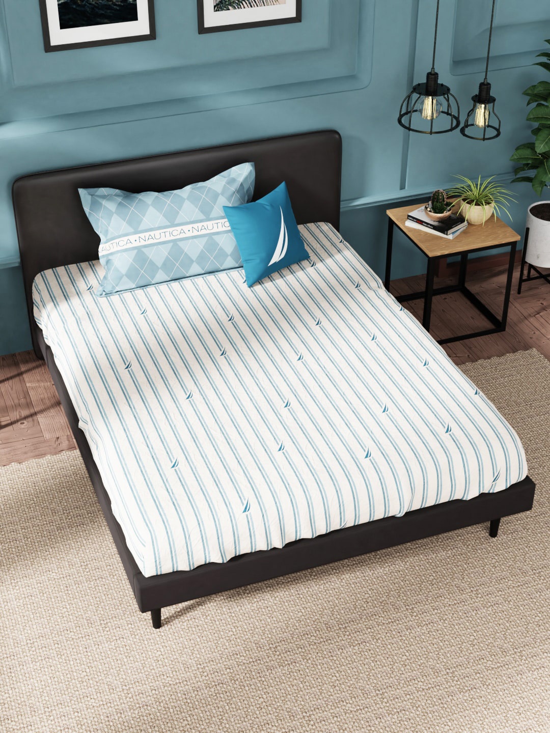 

Nautica Off White & Blue Striped 160 TC Single Anti-Microbial Bedsheet & 1 Pillow Cover