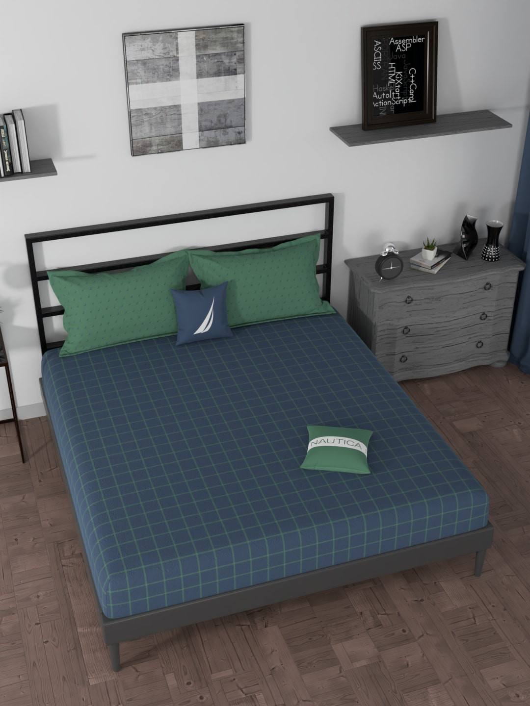 

Nautica Blue & Green Geometric 160 TC King Bedsheet with 2 Pillow Covers