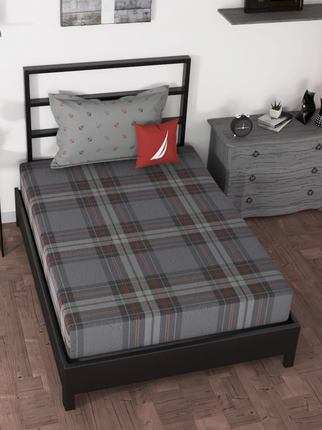 

Nautica Grey & Red Geometric 160 TC Single Bedsheet with 2 Pillow Covers