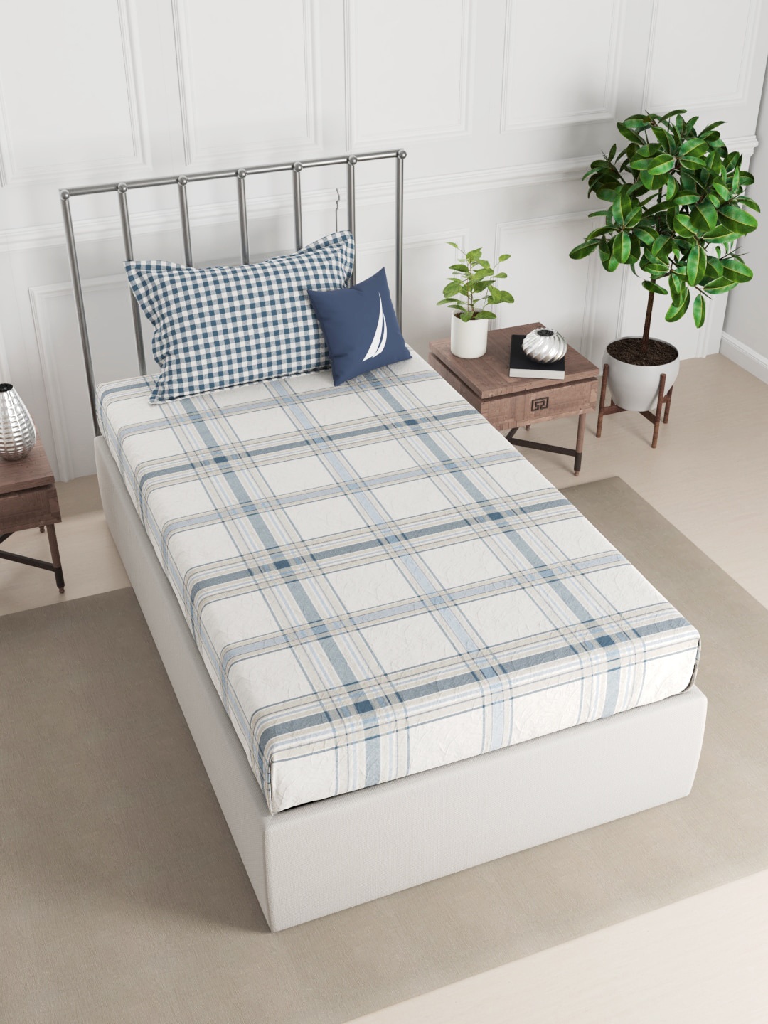 

Nautica Blue & Beige Geometric 210 TC Single Bedsheet with 2 Pillow Covers