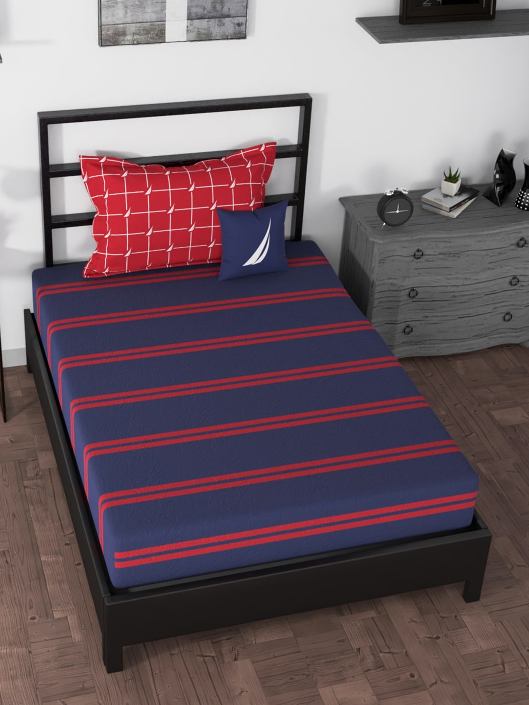 

Nautica Blue & Red Striped 160 TC Single Bedsheet with 2 Pillow Covers