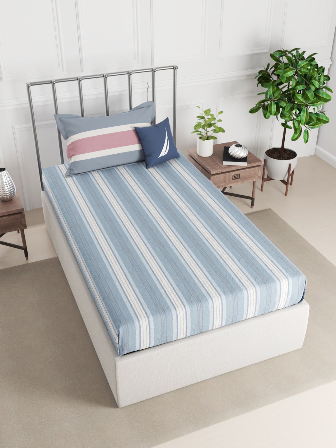 

NAUTICA Super Fine 100% Egyptian Satin Cotton Single Bedsheet With 1 Pillow Cover -2pc set, Multi