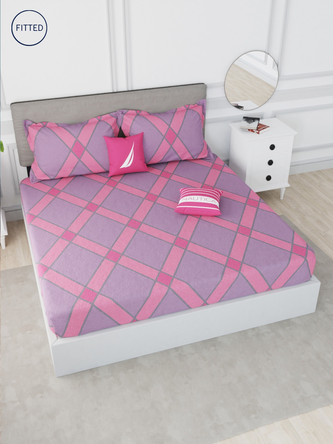 

Nautica Peach-Coloured & Purple Geometric 210 TC King Bedsheet with 2 Pillow Covers