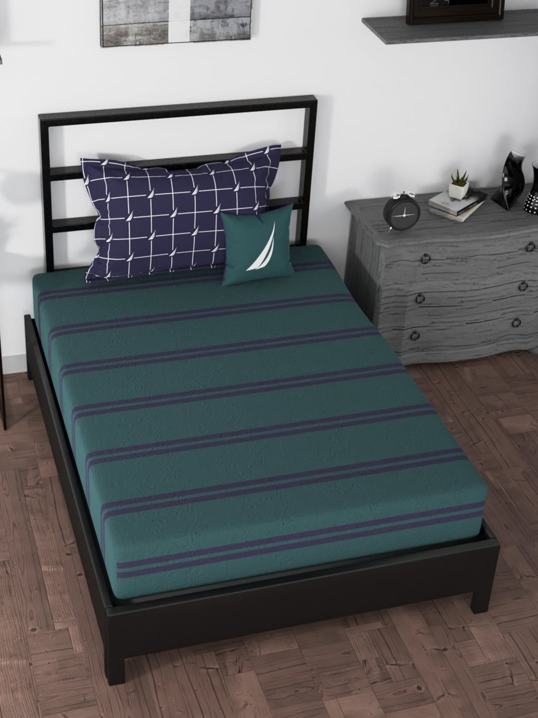 

Nautica Green & Blue Striped 160 TC Single Cotton Bedsheet with 2 Pillow Covers