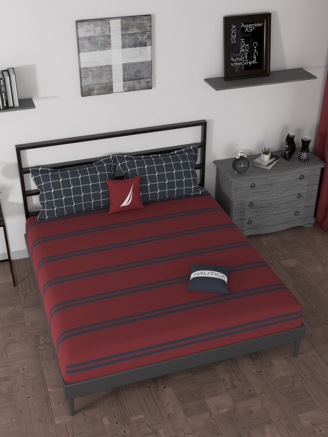 

Nautica Red & Blue Striped 160 TC King Bedsheet with 2 Pillow Covers